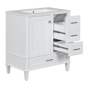 English Elm 30" Modern Bathroom Vanity with Solid Wood Frame, Ceramic Sink, Gold Handles & Soft-Close Storage White WF321698AAK