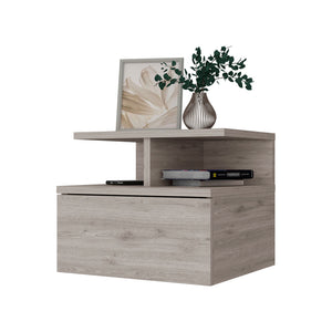 English Elm Light Gray Floating Nightstand with Drawer & 2-Tier Shelf — Wall-Mounted Space-Saving Storage, Modern Design B062P175812