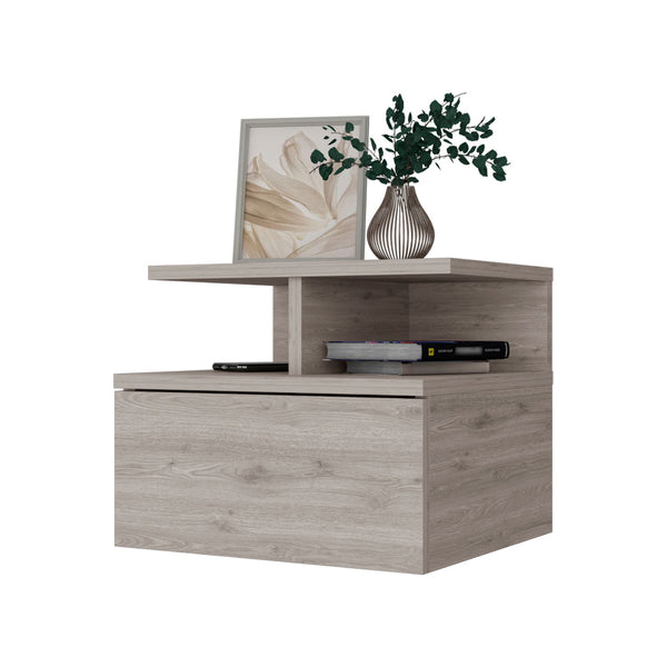 English Elm Light Gray Floating Nightstand with Drawer & 2-Tier Shelf — Wall-Mounted Space-Saving Storage, Modern Design B062P175812