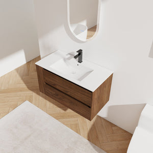 English Elm 36" Wall Mount Bathroom Vanity With High-Quality Ceramic Sink & Soft-Close Drawers For Storage W999S00143