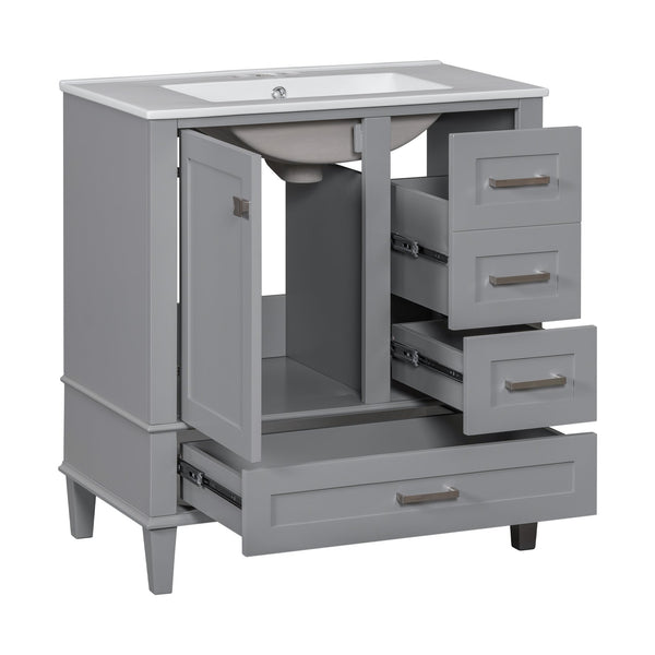 English Elm 30" Modern Bathroom Vanity with Solid Wood Frame, Ceramic Sink, Gold Handles & Soft-Close Storage Grey WF321698AAE