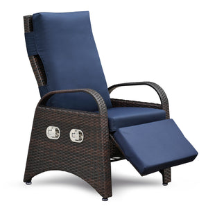 English Elm Outdoor Recliner Chair with Hand-Woven HDPE Rattan, Built-In Side Table, Buckle Recline Comfort Navy Blue W1889P177602
