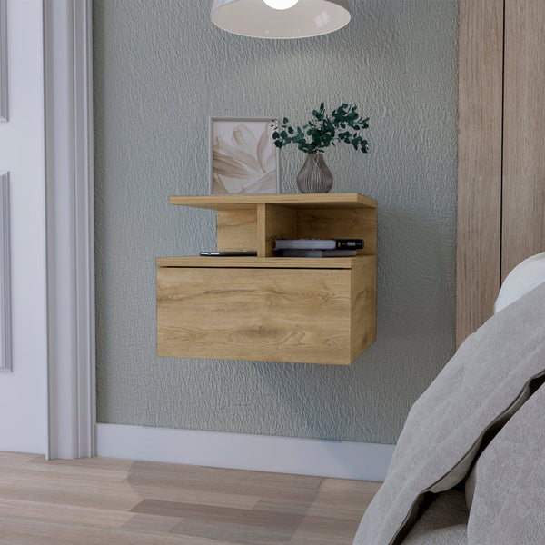 English Elm Macadamia Floating Nightstand 2-Tier Shelf with Drawer — Wall-Mounted Space-Saving Modern Bedroom Storage Solution B062P175811