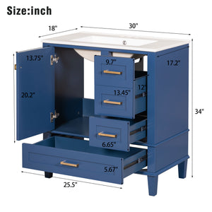 English Elm 30" Modern Bathroom Vanity with Solid Wood Frame, Ceramic Sink, Gold Handles & Soft-Close Storage Blue WF321698AAC