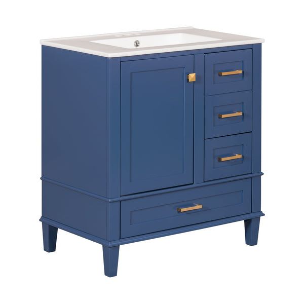 English Elm 30" Modern Bathroom Vanity with Solid Wood Frame, Ceramic Sink, Gold Handles & Soft-Close Storage Blue WF321698AAC