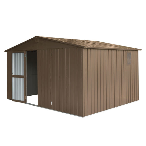 English Elm Backyard Steel Storage Shed 11x9 Ft with Lockable Doors and Ventilated Sloped Roof Brown W1859S00067