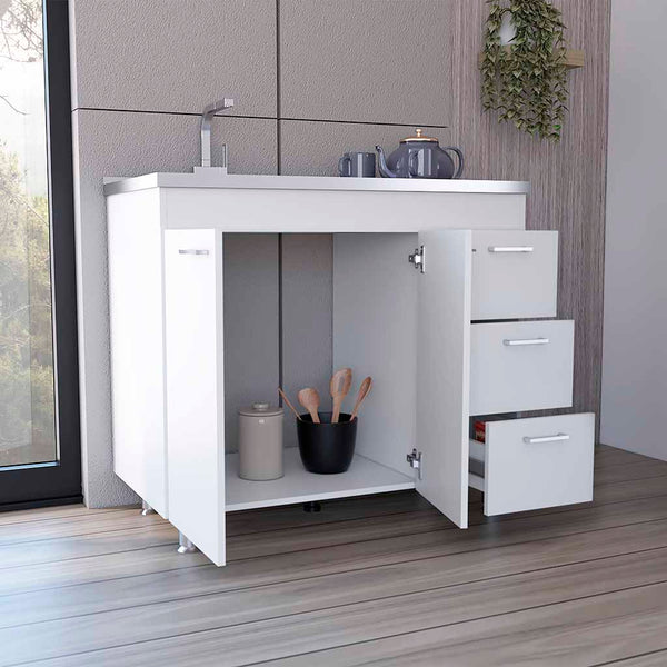 English Elm Ferretti modern base cabinet with three drawers, double doors and four legs for stylish storage White 43.7 L x 25.6 W x 7.9 H B070S00120