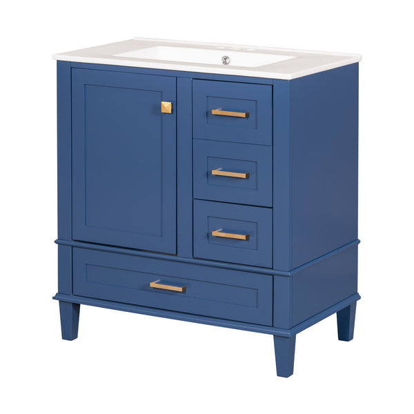 English Elm 30" Modern Bathroom Vanity with Solid Wood Frame, Ceramic Sink, Gold Handles & Soft-Close Storage Blue WF321698AAC