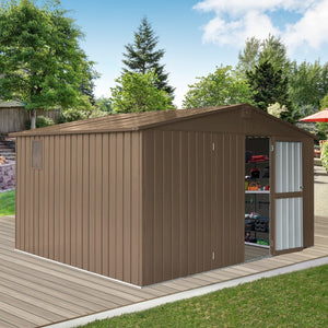 English Elm Backyard Steel Storage Shed 11x9 Ft with Lockable Doors and Ventilated Sloped Roof Brown W1859S00067