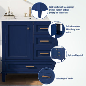 English Elm 30" Modern Bathroom Vanity with Solid Wood Frame, Ceramic Sink, Gold Handles & Soft-Close Storage Blue WF321698AAC