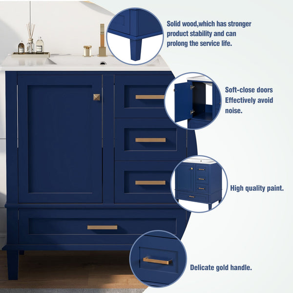 English Elm 30" Modern Bathroom Vanity with Solid Wood Frame, Ceramic Sink, Gold Handles & Soft-Close Storage Blue WF321698AAC