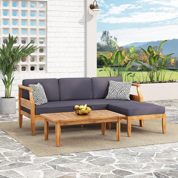 English Elm Christopher Knight Home® - Aston Teak Acacia Wood 3-Seater Outdoor Sofa Chat Set with Ottoman, Slat Design & Water-Resist Cushions 73001.00DGRY_74100.00DGRY