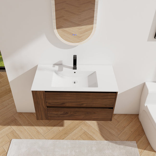 English Elm 36" Wall Mount Bathroom Vanity With High-Quality Ceramic Sink & Soft-Close Drawers For Storage W999S00143