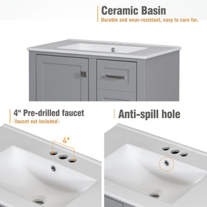 English Elm 30" Modern Bathroom Vanity with Solid Wood Frame, Ceramic Sink, Gold Handles & Soft-Close Storage Grey WF321698AAE