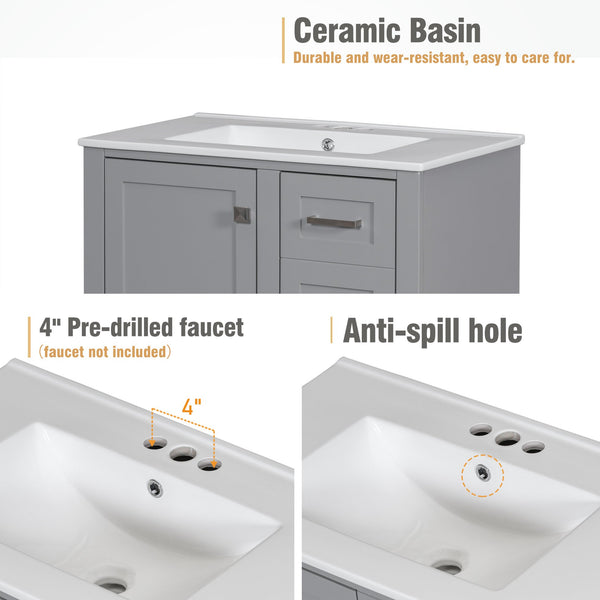 English Elm 30" Modern Bathroom Vanity with Solid Wood Frame, Ceramic Sink, Gold Handles & Soft-Close Storage Grey WF321698AAE