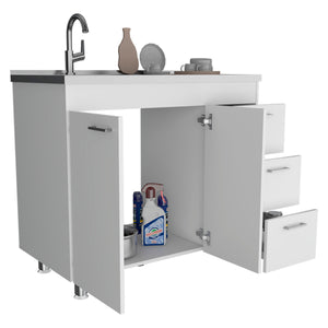 English Elm Ferretti Modern Base Cabinet with Double Door, Three Drawers, Faucet Hole and Sturdy Four Legs White 43.7 L x 25.6 W x 7.9 H B200S00120