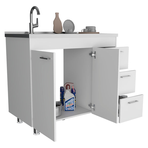 English Elm Ferretti Modern Base Cabinet with Double Door, Three Drawers, Faucet Hole and Sturdy Four Legs White 43.7 L x 25.6 W x 7.9 H B200S00120