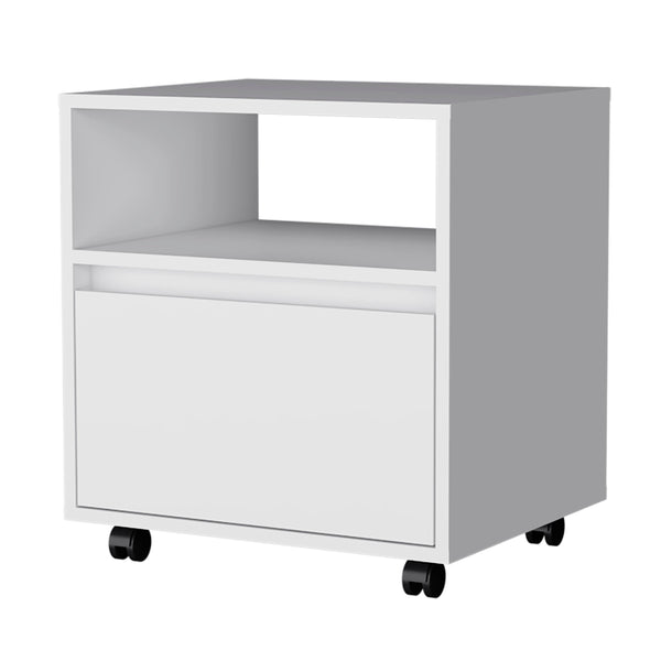 English Elm White Modern 1-Drawer Nightstand on Casters with Open Top Shelf, Compact Mobile Storage for Bedrooms B062P175808