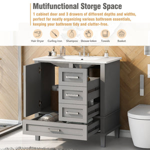 English Elm 30" Modern Bathroom Vanity with Solid Wood Frame, Ceramic Sink, Gold Handles & Soft-Close Storage Grey WF321698AAE