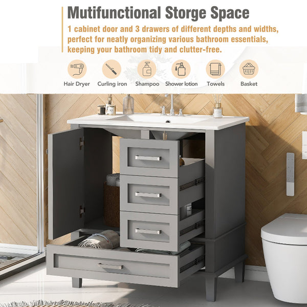English Elm 30" Modern Bathroom Vanity with Solid Wood Frame, Ceramic Sink, Gold Handles & Soft-Close Storage Grey WF321698AAE