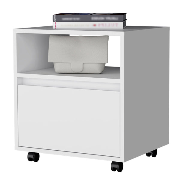 English Elm White Modern 1-Drawer Nightstand on Casters with Open Top Shelf, Compact Mobile Storage for Bedrooms B062P175808