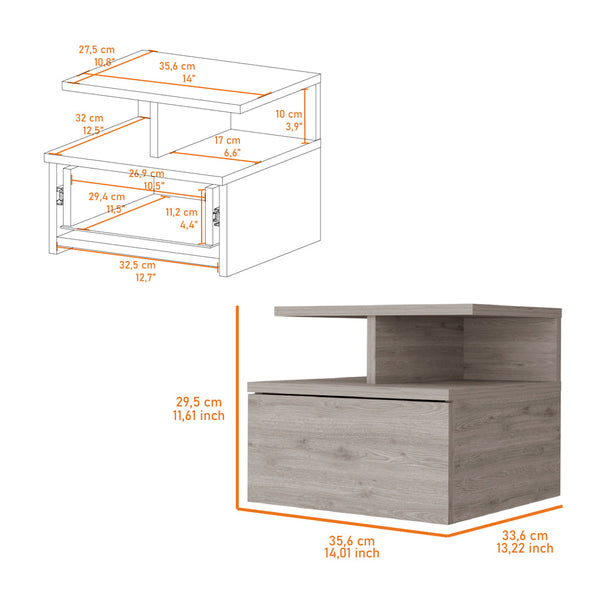 English Elm Light Gray Floating Nightstand with Drawer & 2-Tier Shelf — Wall-Mounted Space-Saving Storage, Modern Design B062P175812