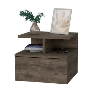 English Elm Dark Walnut Floating Nightstand with Drawer & 2-Tier Shelf — Wall-Mounted Space-Saving Bedside Organizer (13.2"W, 14"D) B062P175810