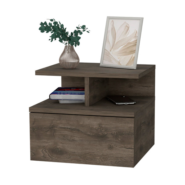 English Elm Dark Walnut Floating Nightstand with Drawer & 2-Tier Shelf — Wall-Mounted Space-Saving Bedside Organizer (13.2"W, 14"D) B062P175810
