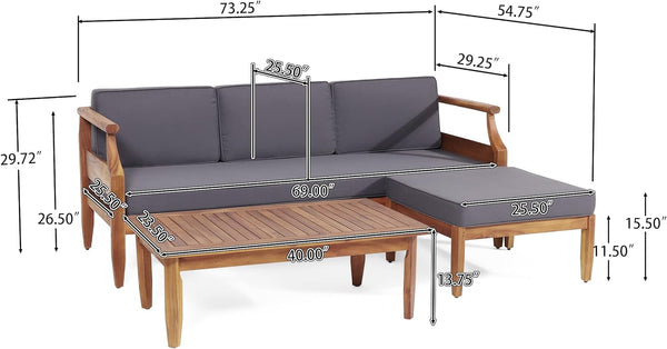 English Elm Christopher Knight Home® - Aston Teak Acacia Wood 3-Seater Outdoor Sofa Chat Set with Ottoman, Slat Design & Water-Resist Cushions 73001.00DGRY_74100.00DGRY