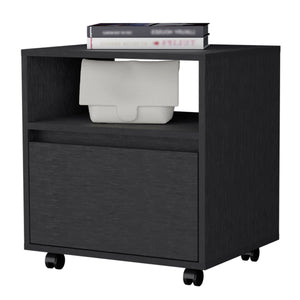 English Elm Wenge Mobile Nightstand with Drawer & Open Shelf on Casters — Modern Compact Storage for Bedrooms B062P175809