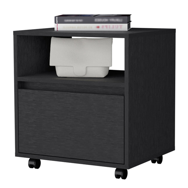 English Elm Wenge Mobile Nightstand with Drawer & Open Shelf on Casters — Modern Compact Storage for Bedrooms B062P175809
