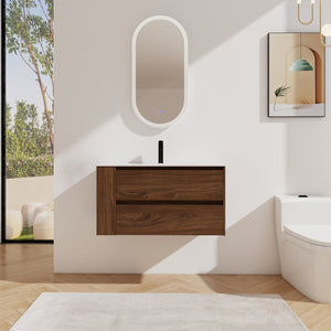 English Elm 36" Wall Mount Bathroom Vanity With High-Quality Ceramic Sink & Soft-Close Drawers For Storage W999S00143