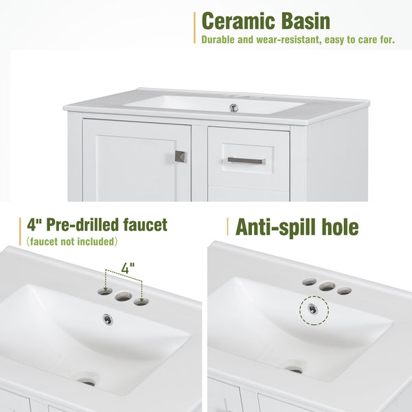 English Elm 30" Modern Bathroom Vanity with Solid Wood Frame, Ceramic Sink, Gold Handles & Soft-Close Storage White WF321698AAK