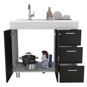 English Elm Ferretti Modern Base Cabinet with Double Door, Three Drawers, Faucet Hole and Sturdy Four Legs Multicolor 43.7 L x 25.6 W x 7.9 H B200S00119