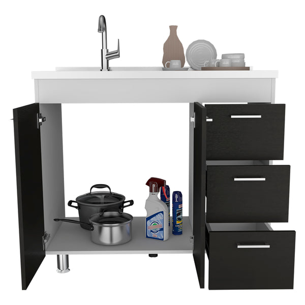 English Elm Ferretti Modern Base Cabinet with Double Door, Three Drawers, Faucet Hole and Sturdy Four Legs Multicolor 43.7 L x 25.6 W x 7.9 H B200S00119