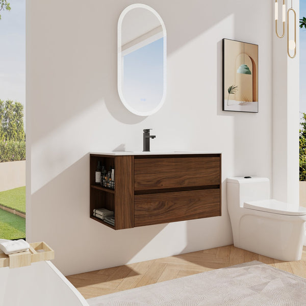English Elm 36" Wall Mount Bathroom Vanity With High-Quality Ceramic Sink & Soft-Close Drawers For Storage W999S00143