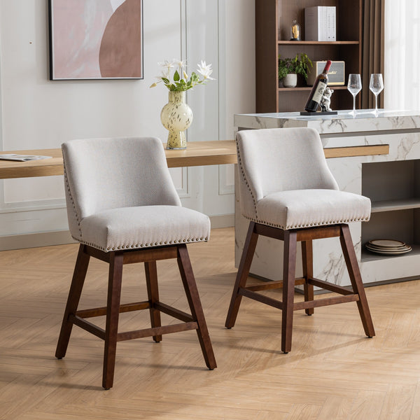 English Elm Counter Curved Back Swivel Barstool Set of 2 with 360° Rotation, Thick Cushions, Solid Wood Frame, 300 lb Capacity Beige W1143P151490