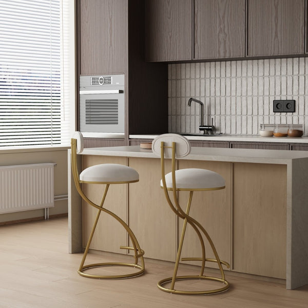 English Elm Round Velvet Counter Stools Set of 2 with Gold Frame and Cushioned Back for Kitchen Island W1757P167860