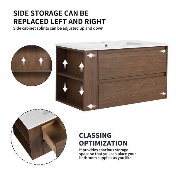 English Elm 36" Wall Mount Bathroom Vanity With High-Quality Ceramic Sink & Soft-Close Drawers For Storage W999S00143