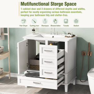 English Elm 30" Modern Bathroom Vanity with Solid Wood Frame, Ceramic Sink, Gold Handles & Soft-Close Storage White WF321698AAK