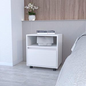 English Elm White Modern 1-Drawer Nightstand on Casters with Open Top Shelf, Compact Mobile Storage for Bedrooms B062P175808