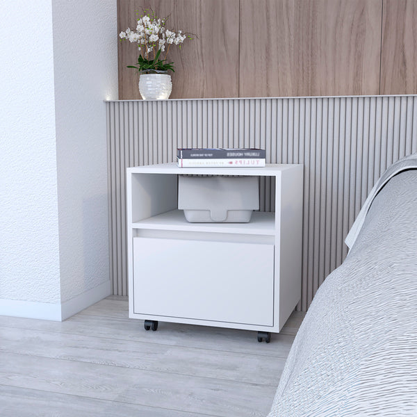 English Elm White Modern 1-Drawer Nightstand on Casters with Open Top Shelf, Compact Mobile Storage for Bedrooms B062P175808