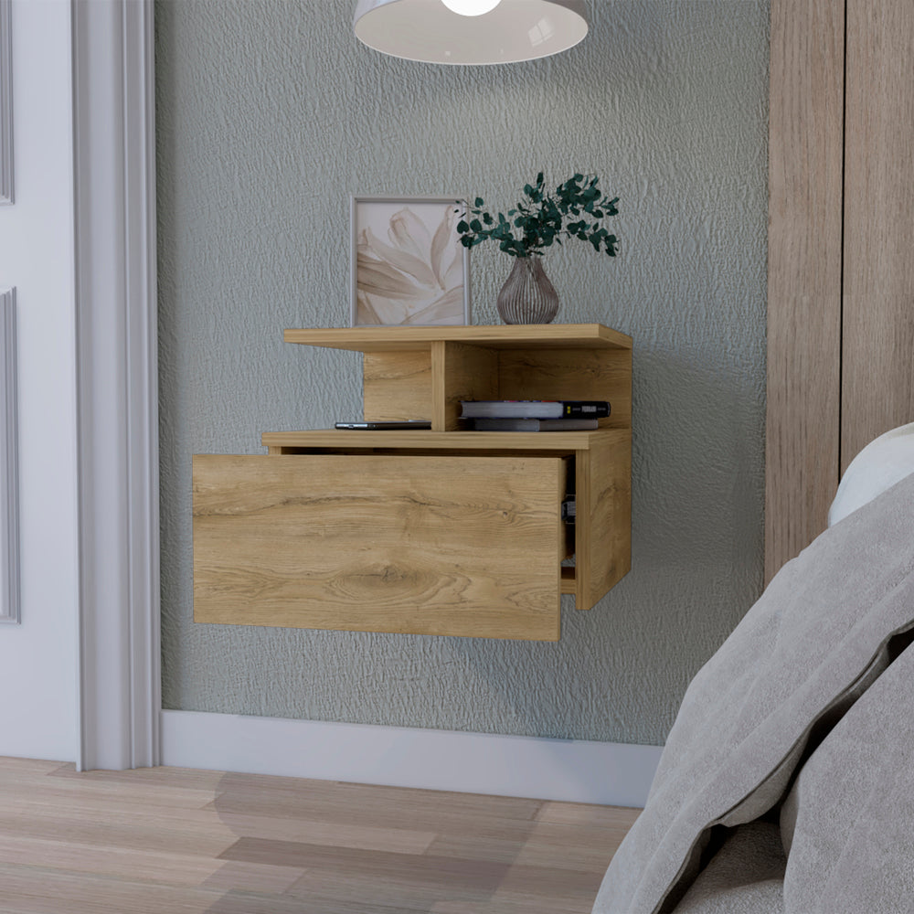 English Elm Macadamia Floating Nightstand 2-Tier Shelf with Drawer — Wall-Mounted Space-Saving Modern Bedroom Storage Solution B062P175811