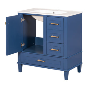 English Elm 30" Modern Bathroom Vanity with Solid Wood Frame, Ceramic Sink, Gold Handles & Soft-Close Storage Blue WF321698AAC
