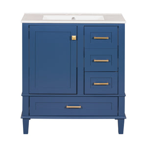 English Elm 30" Modern Bathroom Vanity with Solid Wood Frame, Ceramic Sink, Gold Handles & Soft-Close Storage Blue WF321698AAC
