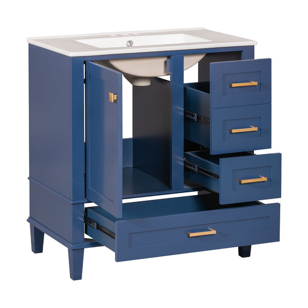 English Elm 30" Modern Bathroom Vanity with Solid Wood Frame, Ceramic Sink, Gold Handles & Soft-Close Storage Blue WF321698AAC