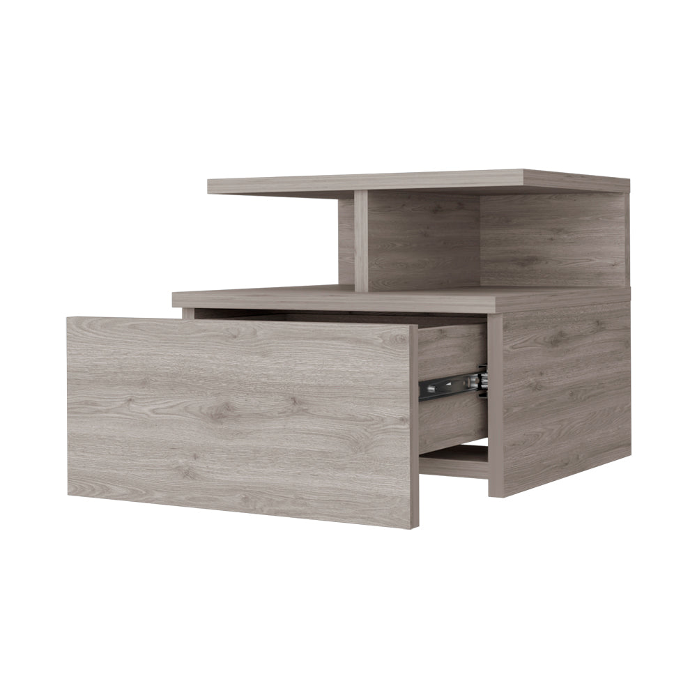 English Elm Light Gray Floating Nightstand with Drawer & 2-Tier Shelf — Wall-Mounted Space-Saving Storage, Modern Design B062P175812