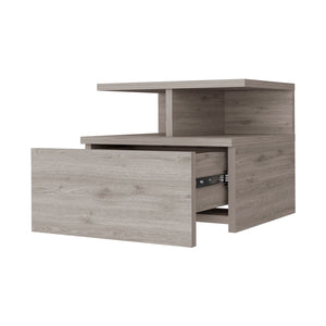 English Elm Light Gray Floating Nightstand with Drawer & 2-Tier Shelf — Wall-Mounted Space-Saving Storage, Modern Design B062P175812