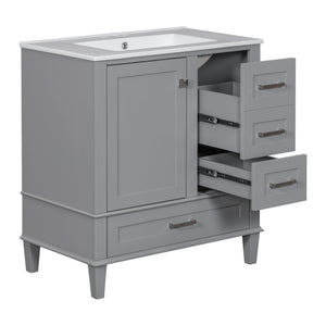 English Elm 30" Modern Bathroom Vanity with Solid Wood Frame, Ceramic Sink, Gold Handles & Soft-Close Storage Grey WF321698AAE