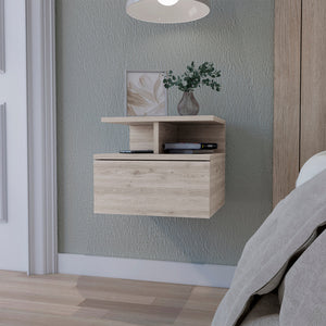 English Elm Light Gray Floating Nightstand with Drawer & 2-Tier Shelf — Wall-Mounted Space-Saving Storage, Modern Design B062P175812